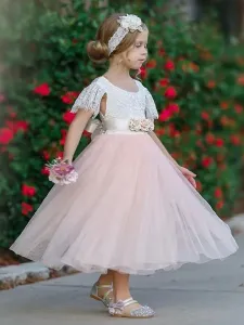 Maroon Flower Girl Dresses Jewel Neck Short Sleeves Sash Kids Social Party Dresses #535915