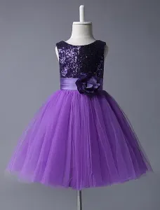 Purple Flower Girl Dresses Sequined Bodice Tulle Tutu Dress Sleeveless Flower Sash Short Kids Party Dress #466829