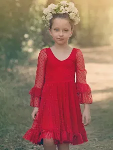 Red Flower Girl Dresses V-Neck Long Sleeves Lace Polyester Formal Kids Pageant Dresses #535964