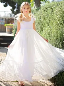 White Flower Girl Dresses Jewel Neck Lace Sleeveless Ankle-Length A-Line Bows Kids Party Dresses #535901