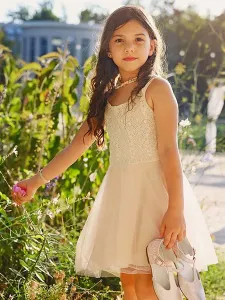 White Flower Girl Dresses Jewel Neck Tulle Sleeveless Short A-Line Bows Kids Party Dresses #536041