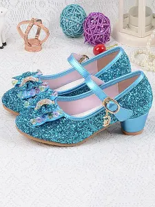 Flower Girl Shoes Glitter Bow Mary Jane Chunky Heel Pumps #486004