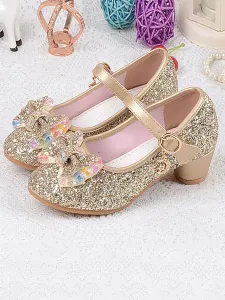 Flower Girl Shoes Glitter Bow Mary Jane Chunky Heel Pumps #486005