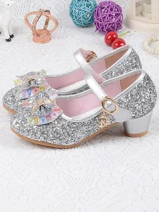 Flower Girl Shoes Glitter Bow Mary Jane Chunky Heel Pumps #486007