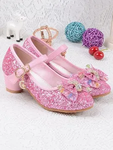 Flower Girl Shoes Glitter Bow Mary Jane Chunky Heel Pumps