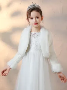 Flower Girl Wraps Ivory Long Sleeves Faux Fur Coat Flower Girl Winter Outerwear #515860