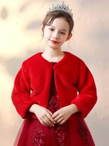 Flower Girl Wraps Red Long Sleeves Faux Fur Coat Flower Girl Winter Blouse #515835