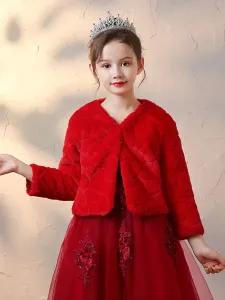 Flower Girl Wraps Red Long Sleeves Faux Fur Coat Flower Girl Winter Blouse #515841