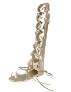 Women's Gold Gladiator Sandals Lace Up Flat Knee High Sandals #455952