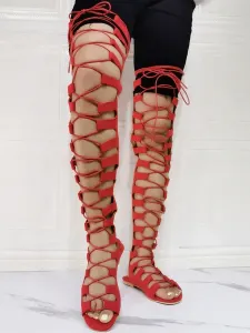 Women's Thigh High Lace Up Flat Gladiator Sandals in Suede #532894