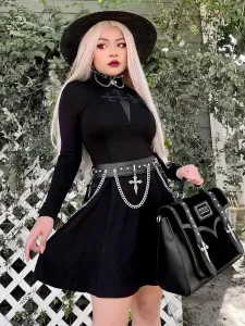 Gothic Lolita Dress High Collar Long Sleeves Polyester Black Short Dress #649334