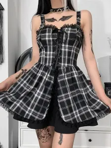 Gothic Lolita Dress Straps Neck Sleeveless Plaid Pattern Lace Up Ruffles Lace Short Dress #649316