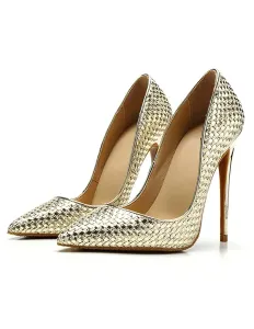 Women's Gold High Heels Woven Style Pointed Toe Stiletto Heel Pumps #462720