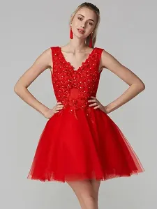 Red Homecoming Dress 2023 V-Neck Ball Gown Sleeveless Beaded Lace Up Tulle Lace Short Dresses For Prom
