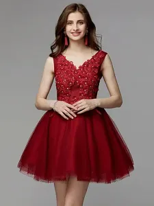 Red Homecoming Dress 2023 V-Neck Ball Gown Sleeveless Beaded Lace Up Tulle Lace Short Dresses For Prom #550834