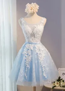 Tulle Homecoming Dress 2023 Lace Applique Prom Dress Baby Blue Sash Backless A Line Knee Length Party Dress Free Customization #463786