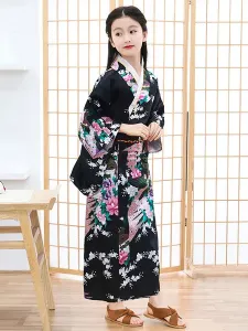 Japanes Costumes Kid's Kimono Black Polyester Dress Oriental Women's Set Holidays Costumes #493942