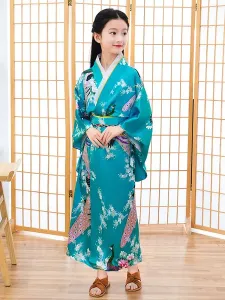 Japanes Costumes Kid's Kimono Cyan Blue Polyester Dress Oriental Women's Set Holidays Costumes #493766