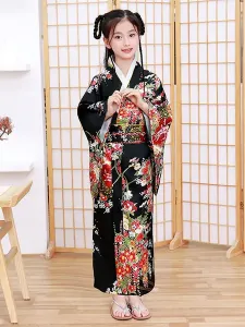 Kid's Japanes Costumes Black Kimono Polyester Satin Dress Oriental Set Holidays Costumes #493950