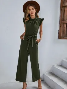 Black Jewel Neck Short Sleeves Polyester Jumpsuits For Women #667195