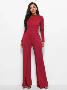 Blue High Collar Long Sleeves Pleated Asymmetrical Polyester Wide Leg Jumpsuits For Women #535521