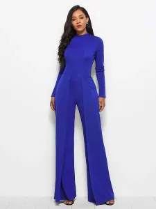 Blue High Collar Long Sleeves Pleated Asymmetrical Polyester Wide Leg Jumpsuits For Women #535522