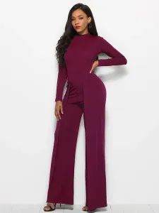 Blue High Collar Long Sleeves Pleated Asymmetrical Polyester Wide Leg Jumpsuits For Women #535524