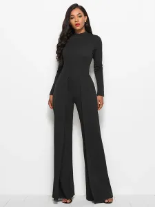 Blue High Collar Long Sleeves Pleated Asymmetrical Polyester Wide Leg Jumpsuits For Women #535526