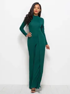 Blue High Collar Long Sleeves Pleated Asymmetrical Polyester Wide Leg Jumpsuits For Women #535527