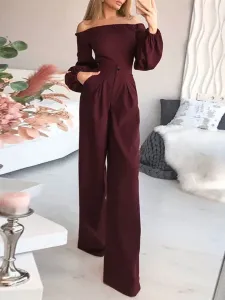 Green Jumpsuit Bateau Neck Long Sleeves Pleated Layered Strapless Polyester Wide Leg Jumpsuits For Women #649013