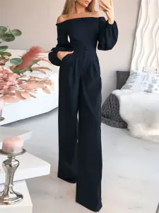 Green Jumpsuit Bateau Neck Long Sleeves Pleated Layered Strapless Polyester Wide Leg Jumpsuits For Women #649014