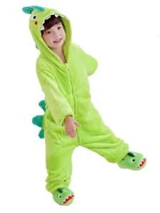 Kigurumi Pajamas For Kids Onesie Cartoon Dinosaur Grass Green Flannel Clothes #568792