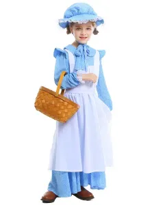 Kids Carnival Costumes Light Sky Blue Maid Cotton Dress With Hat Apron 3 Pieces Cosplay Wears For Girls