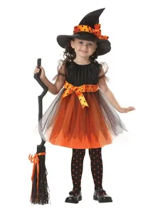 Witch Costume Kids Halloween Orange Tulle Dresses And Hat For Little Girls
