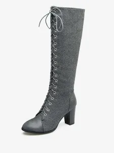 Knee High Boots Womens and Micro Suede Lace Up Round Toe Chunky Heel Boots #469154