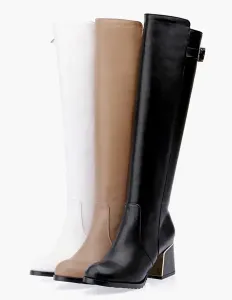 Knee High Boots Womens Leather Buckled Round Toe Block Heel Winter Boots #455280