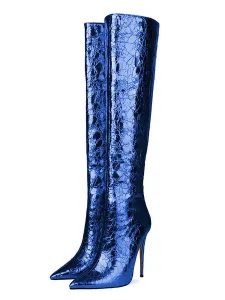 Women Knee High Boots Dazzling Blue Pointed Toe Stiletto Heel Night Club High Heel Women Boots #509771