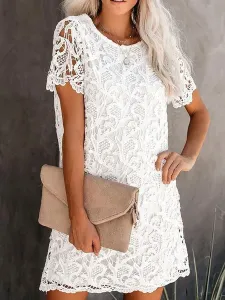 Lace Dresses White Jewel Neck Short Sleeves Oversized Lace Casual Dresses #531270