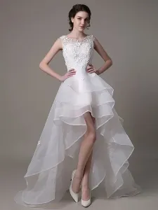 A-Line High Low Wedding Dress Lace Beading Flower Organza Bridal Dress With Brush Train Free Customization #455564