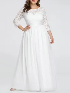 A-Line Plus Size Wedding Dresses Floor-Length 3/4 Length Sleeves Lace Jewel Neck Bridal Gowns Free Customization #507780