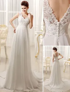 Ivory Lace Beach Wedding Dress Chiffon Beading V Neckline Court Train Bridal Gown Free Customization #453474
