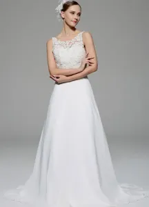 Ivory Lace Wedding Dress Illusion Rhinestone Satin Bridal Gown Free Customization #458177