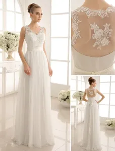 Ivory Lace Wedding Dress Sash Bow Sequins Sleeveless A-Line Bridal Gown Free Customization #453696