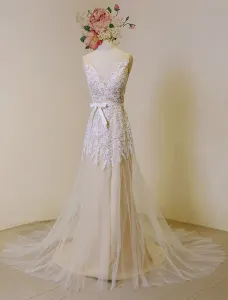 Lace Boho Wedding Dress Tulle Backless A-Line Court Train Beach Bridal Dresses With Detachable Satin Sash Free Customization #463108