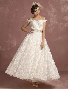 Lace Wedding Dress Vintage A Line Off The Shoulder Sleeveless Ankle Length With Detachable Ribbon Bow Bridal Gown Free Customization #463774
