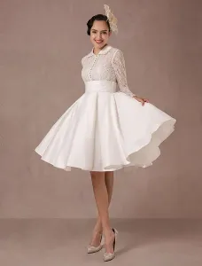 Vintage Wedding Dress Long Lace Sleeves Satin Bridal Gown Short Knee Length Summer Wedding Dresses 2023 Milanoo Free Customization #462399