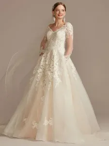 Wedding Gowns With Train A-Line Long Sleeves Tulle V-Neck Ivory Lace Bridal Gowns #520127