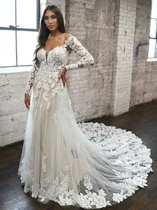 White Lace Wedding Dress V-Neck Long Sleeves Backless With Train Tulle Bridal Gowns Free Customization #554983