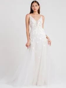 White Lace Wedding Dress With Chapel Train A-Line Sleeveless Matte Satin V-Neck Tulle Bridal Dresses Free Customization #526628