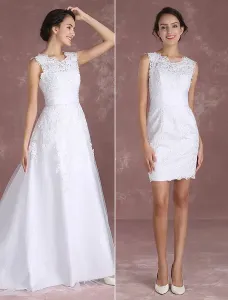 White Wedding Dresses Lace Applique Sleeveless Bridal Gown Detachable Train Satin Sash Bridal Dress Free Customization #465953
